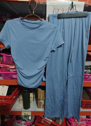 2pcs Solid Color Casual Sports Yoga Suit Short-sleeved Top And High-waisted Drawstring Wide-leg Pants Summer Fashion Set For Womens Clothing