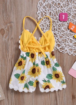 Children's Clothing Girls Baby Jumpsuits Children Sunflower Sling Lace Jumpsuit