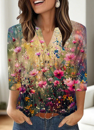 Casual Printed V-neck Top T-shirt Women's Clothing