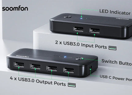 KVM USB 3.0 Switcher for 2 PCs to Share USB Devices 5Gbps High Speed 2 In 4 Out