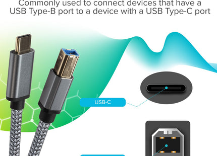 Maplin USB-C to USB-B Braided Cable - Grey, 5m
