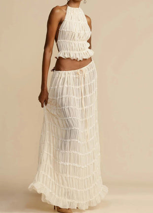 2pcs Women's Dress Suit Sexy Sleeveless Backless Cropped Halter Top And Pleated Long Skirt Beach Clothing