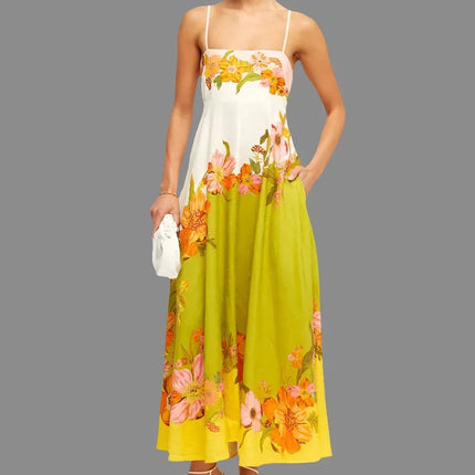 Casual Summer Dress For Women -  High Waist Sleeveless Linen Swing Dress in Elegant Print