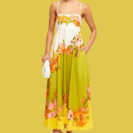 Casual Summer Dress For Women -  High Waist Sleeveless Linen Swing Dress in Elegant Print