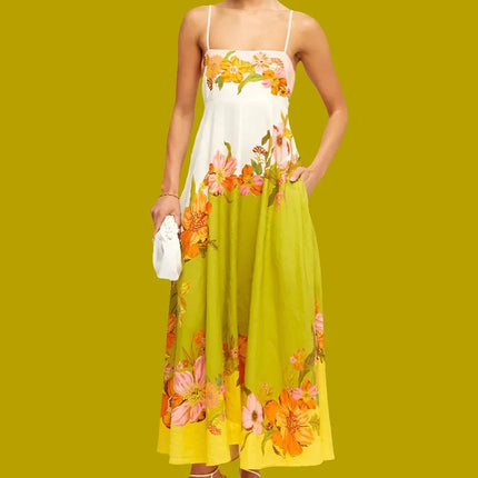 Casual Summer Dress For Women -  High Waist Sleeveless Linen Swing Dress in Elegant Print
