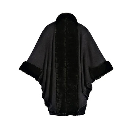 Classic Oversized Knit Coat With Artificial Rabbit Fur Collar - Elegant Pullover Cloak in Monochrome