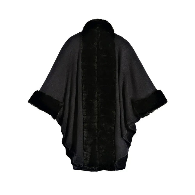 Classic Oversized Knit Coat With Artificial Rabbit Fur Collar - Elegant Pullover Cloak in Monochrome