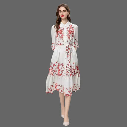 Colorful Floral Lace-Up Dress with Beads and Long Sleeves, Ideal for Heavy Industry