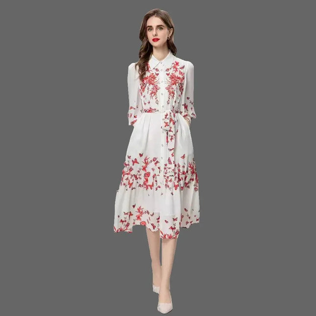 Colorful Floral Lace-Up Dress with Beads and Long Sleeves, Ideal for Heavy Industry