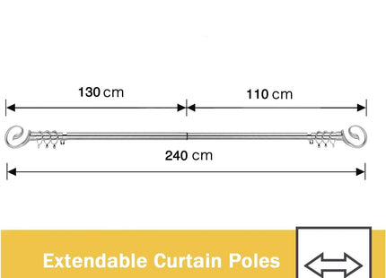 Curtain Pole Adjustable Length 130-240cm Chrome Ø16/19mm