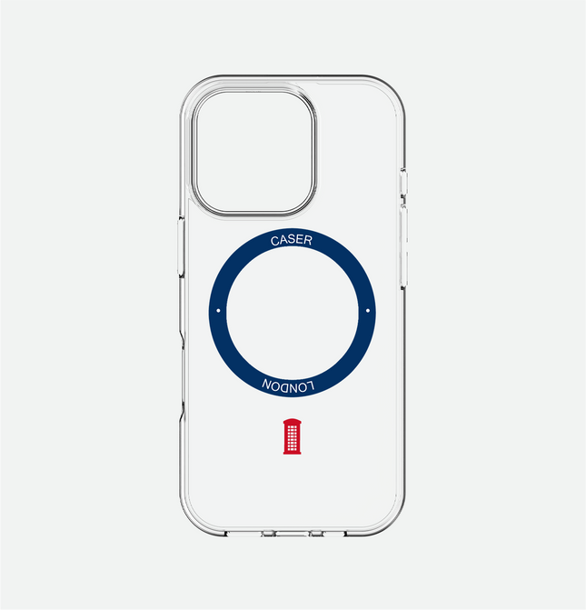 Slim Clear iPhone 16 Pro Case with Royal Blue MagSafe Ring - Telephone Box | The Iconic Case