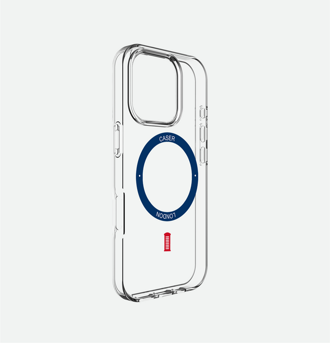 Slim Clear iPhone 16 Pro Case with Royal Blue MagSafe Ring - Telephone Box | The Iconic Case