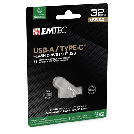 EMTEC 32GB Dual USB-A 3.2 / USB-C D280 Flash Drive