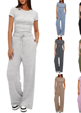 2pcs Solid Color Casual Sports Yoga Suit Short-sleeved Top And High-waisted Drawstring Wide-leg Pants Summer Fashion Set For Womens Clothing