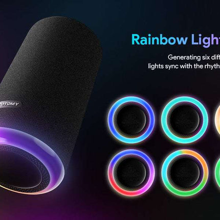 VOTOMY Bluetooth Speaker 24H Playtime 360° Bass RGB Lights IPX7 Waterproof Black