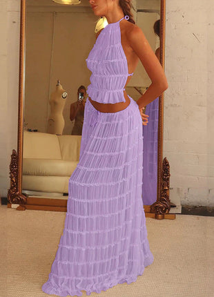 2pcs Women's Dress Suit Sexy Sleeveless Backless Cropped Halter Top And Pleated Long Skirt Beach Clothing
