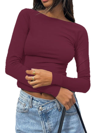 Chic Slim-fit Long-sleeve Solid-color Base T-shirt For Women