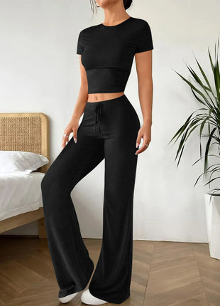 High Waist Pure Color Trousers Short Sleeve T-shirt Suit