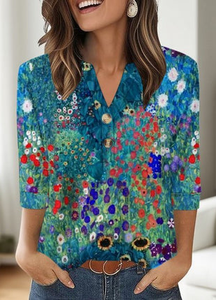 Casual Printed V-neck Top T-shirt Women's Clothing