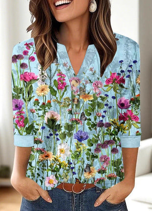 Casual Printed V-neck Top T-shirt Women's Clothing