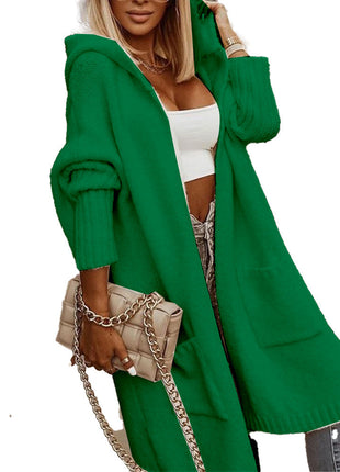 Ladies Hooded Solid Color Mid-length Knitwear Fashion Casual Pocket Long Sleeve Trench Coat