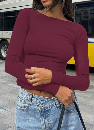 Chic Slim-fit Long-sleeve Solid-color Base T-shirt For Women