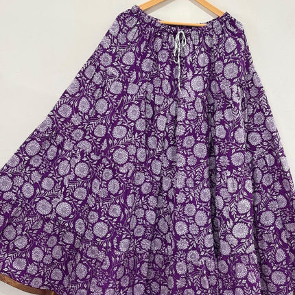 Blackfever Purple Floral Tiered Cotton Maxi Skirt with Gold Border-  Free Size