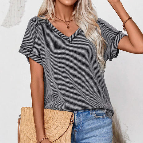 Fashionable Two-tone Twisty Stretch Short-sleeve V-neck Top Women's T-shirt