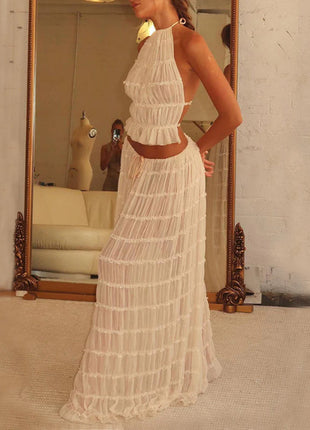 2pcs Women's Dress Suit Sexy Sleeveless Backless Cropped Halter Top And Pleated Long Skirt Beach Clothing