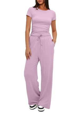 2pcs Solid Color Casual Sports Yoga Suit Short-sleeved Top And High-waisted Drawstring Wide-leg Pants Summer Fashion Set For Womens Clothing