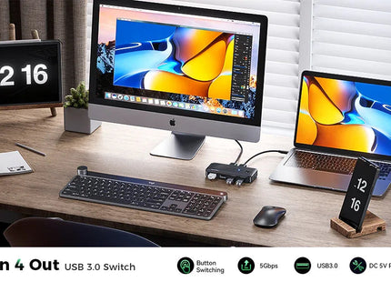 KVM USB 3.0 Switcher for 2 PCs to Share USB Devices 5Gbps High Speed 2 In 4 Out