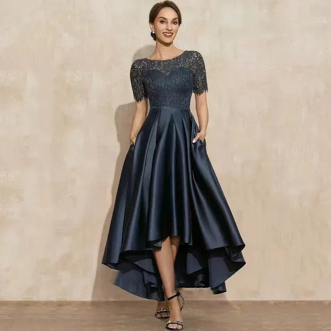 Elegant Lace Party Dress With Short Front And Long Back Design In Navy Blue - Sizes US2-26W