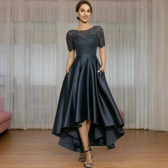 Elegant Lace Party Dress With Short Front And Long Back Design In Navy Blue - Sizes US2-26W
