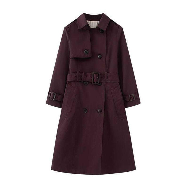 Elegant Trench Coat for Women - Belted, Long Sleeve, Solid Color, Available in Dark Red and Deep Khaki
