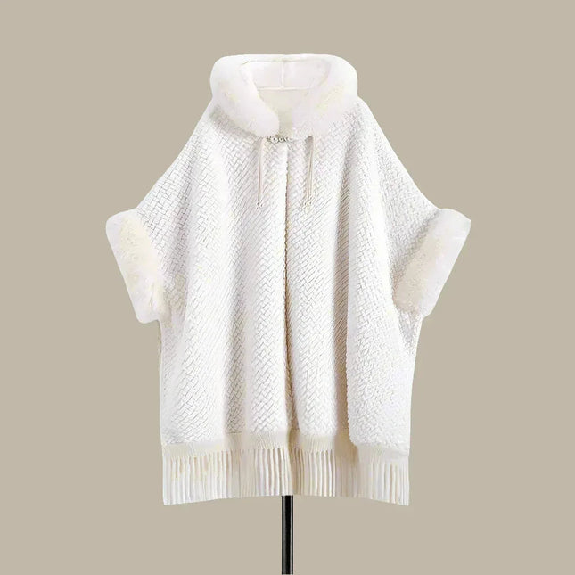 Elegant White Buckle Hooded Hanfu Shawl Cloak with Twill Rabbit Fur and Tassel Details