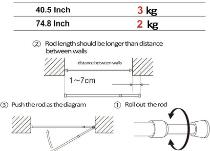 Tension Curtain Rod Extendable 103-190cm With Holders Wardrobe Bathroom