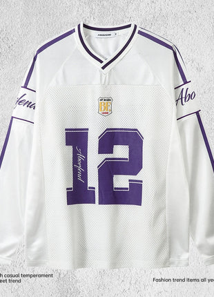 Digital Printed Long-sleeved T-shirt Jersey Contrast Color V-neck Top