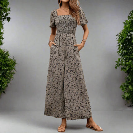 Fashion Commuting Style Jumpsuit for Women - Printed Wide-Leg Pants in Apricot, S-XL