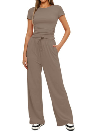 2pcs Solid Color Casual Sports Yoga Suit Short-sleeved Top And High-waisted Drawstring Wide-leg Pants Summer Fashion Set For Womens Clothing