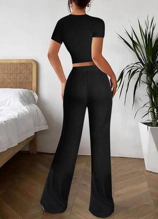 High Waist Pure Color Trousers Short Sleeve T-shirt Suit