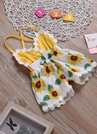 Children's Clothing Girls Baby Jumpsuits Children Sunflower Sling Lace Jumpsuit