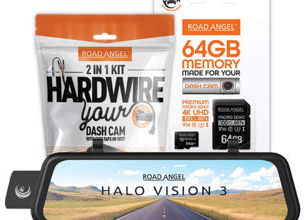 Road Angel Halo Vision 3 Deluxe Rear View Mirror 4K Dual Dashcam with 64GB SD Card & Hardwire Kit