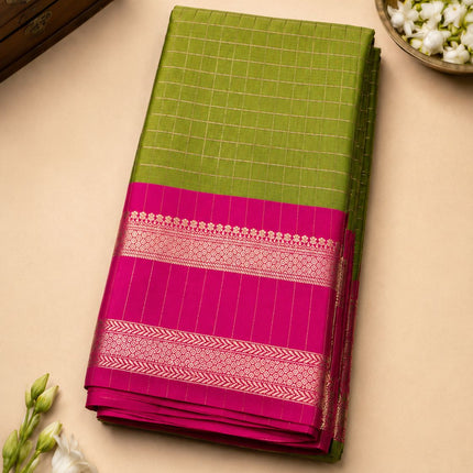Olive Green Soft Silk Saree with Pink Zari Border