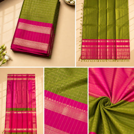 Olive Green Soft Silk Saree with Pink Zari Border