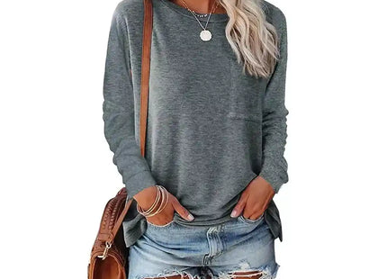 Womens Long Sleeve Shirts Crew Neck Solid Casual Basic Tops Cotton 65%