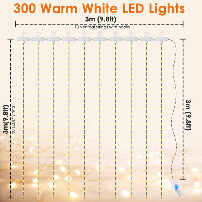LED USB Light Curtain 3x3M 300 LEDs 8 Modes Warm White Indoor Anpro