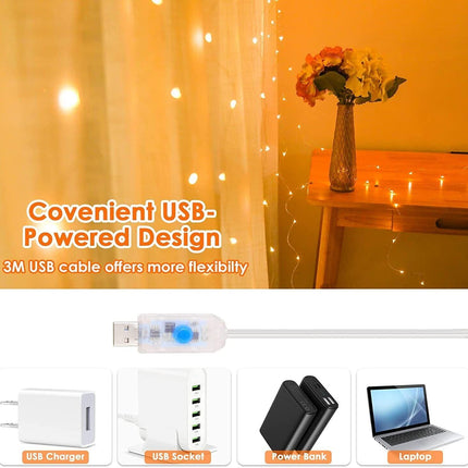 LED USB Light Curtain 3x3M 300 LEDs 8 Modes Warm White Indoor Anpro