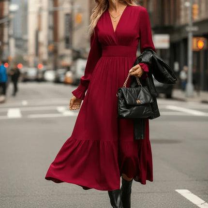 Long Sleeve Plus Size Dress with A-Line Skirt in Solid Colors - Stylish and Comfortable