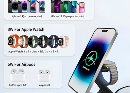 Wireless Charger For iPhone Apple Watch and AirPods 3 in 1 Black Aluminium Alloy