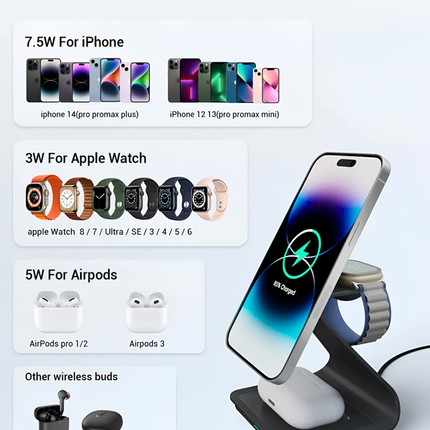 Wireless Charger For iPhone Apple Watch and AirPods 3 in 1 Black Aluminium Alloy